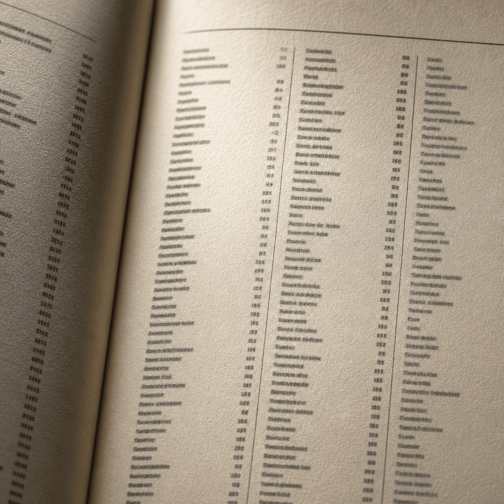 A reference-book index page in warm paper, dense columns of entries separated by hairline rules.
